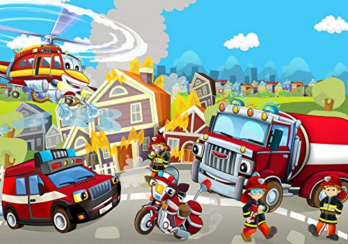 Forwall Fototapete Feuerwehrfahrzeug Hubschrauber Polizei Auto Feuerwehr Jugendzimmer Kinderzimmer Jungs Vlies Tapete Wandtapete UV-Beständig Montagefertig (12548, VEL (152x104 cm) 1 Bahn)