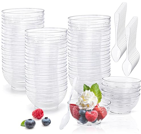Kingrol 100 Mini Dessert Bowls with Spoons, 3 oz Disposable Dessert Cup for Mousse, Puddings, Appetizers, Condiments, Snacks