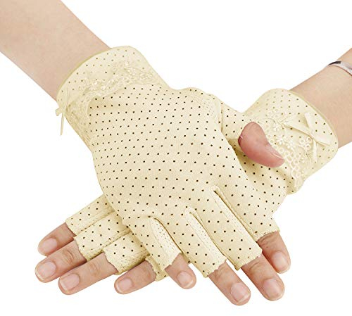Damen Halbfinger Handschuhe Fahrradhandschuhe Sommer Kurze Sonnenschutz Fäustlinge Dünn Spitze Fingerlose Baumwoll Gloves Anti-UV Schutz rutschfest für Outdoor Reiten Motorrad Fahrrad (Beige（Spitze）)
