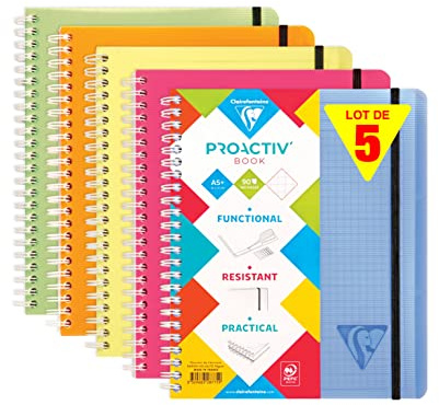 Clairefontaine 328775C - Packung mit 5 Doppelspiralbücher Linicolor Fresh PROACTIV'BOOK 16x21 cm, 80 Blatt 90g kariert mit Rand, farbig sortiert, 1 Pack