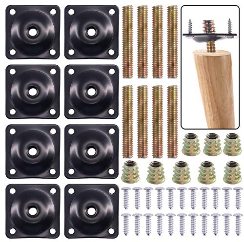 Swpeet 8 Sets Black 12 Degree Angled Leg Mounting Plates with Hanger Bolts Screws, Furniture Leg Attachment Plates Industrial Strength T-Plate M8 Sofa Legs with Hanger Bolts