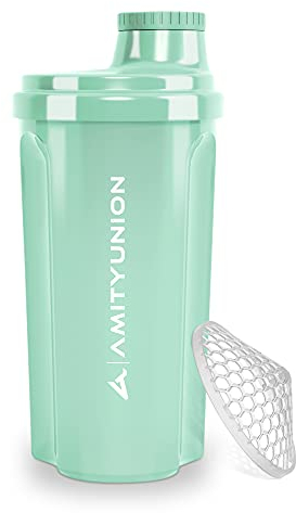 AMITYUNION Coctelera de proteínas 700 ml Heaven a prueba de fugas, sin BPA con tamiz y escala que se pueden hacer clic para batidos cremosos de suero, mezclador de proteínas, original en Azul menta