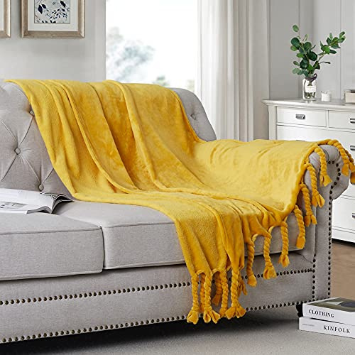 Homiest Fleece-Überwurfdecke mit Fransen, weiches und gemütliches Flanell, gebranntes Gelb, leichte dekorative Überwurfdecke für Sofa, Bett, Stuhl, alle Jahreszeiten (senfgelb, 127 x 152 cm)