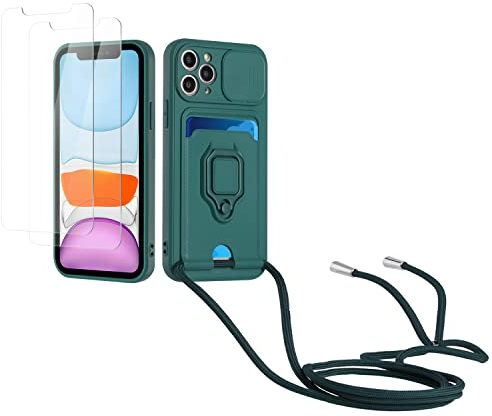 Kaslly Case für iPhone 11 Pro Max Handykette Hülle+[2 Schutzfolie Glas],Slide kameraschutz,Silikon Handyhülle zum Umhängen Kette,Kartenfach-dunkelgrün