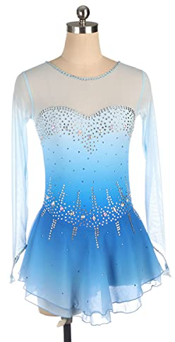 YDHTIZ Kinder Mädchen Eiskunstlauf Kleid Mädchen Figuren Skating Blue Gradient Spandex Wettbewerb Anzug Langarmes Strass -Strass -Ballett -Tanz Funkelndes Tutu Kleid (M,Blue)
