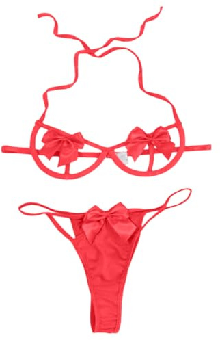 Rayson Lencería para Mujer 2 Piezas Conjuntos de Lencería Abierta Sujetador y Bragas de Dormir Hueco Ropa Interior Mujeres(Rojo,Una Talla)