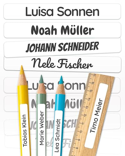 melu kids® Namensaufkleber Kinder für Schule & Kita (75 Stk, Weiß) | Personalisiert & Spülmaschinenfest, Aufkleber mit Namen für Stifte und Schulsachen, Klebeetiketten