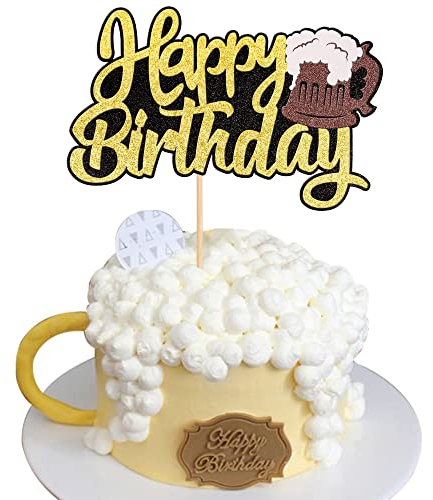1 Packung Bierkuchen Topper Glitzer Happy Birthday Kuchen Pick Bier Champagner Wein Fass Thema Kuchen Dekorationen für Feier Dusche Hochzeit Geburtstag Hochzeit Party Gold
