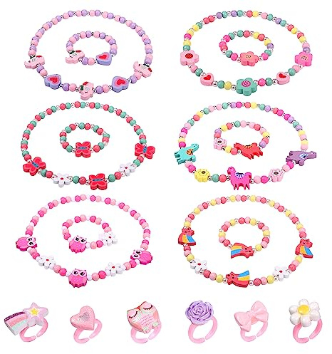 Naler 6 Kit Pulseras Collares y Anillos Niñas Conjunto de Joyería para Niñas