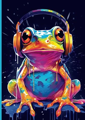 Notizheft-Tagebuch-Schulheft-Schreibheft-Kladde: Notizbuch | Frosch | Kopfhörer | frog | headphones | 100 Seiten | liniert | weißes Papier | DIN A4| Schreibheft | mattes Cover