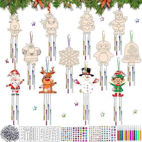 HEYIDAMAI 12 PCS Windspiel Bastelset Kinder,Weihnachtsbasteln,Basteln Weihnachten Kinder,DIY Holzanhänger Weihnachten zum Bemalen,Weihnachtsdekoration Holz,Holz Basteln Kinder Weihnachten
