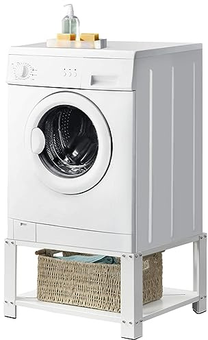 Stakmann Supporto per Lavatrice e Asciugatrice con Ripiano, Base per Elettrodomestici in Acciaio Capacità 150kg, Basamento con Piedini in Gomma Antiscivolo, Rialzo con Mensola Bianco 31 x 63 x 54 cm