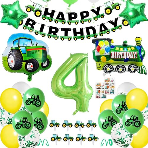 BECILES Traktor Geburtstag Deko,Folienballon Zahl in 4 Grün ,Folienballon Traktor,Traktor Luftballons mit Happy Birthday Girlande für Kindergeburtstag Geburtstagdeko