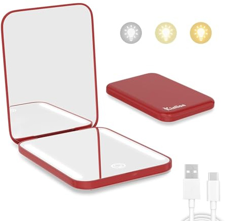 Kintion Wiederaufladbarer Taschenspiegel, LED Kompakt Reise Spiegel,Weinrot | 1X/3X Tragbarer Kompaktspiegel, 3 Farbtemperaturen, Touchscreen Dimmbar, Kleine Handtaschenspiegel, für Frauen als Geschenk