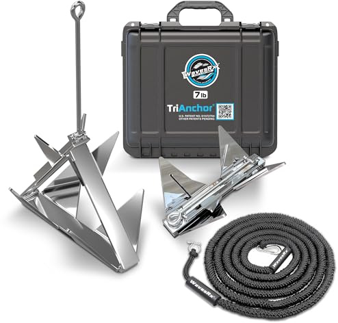 WAVESRX 7lb TriAnchor - Stainless Steel Folding Anchor with 14ft AnchorMate Bungee Line (14'-50') | Effortless Anchoring for Jet Skis, Dinghies & Skiff Boats | Unique Folding Design with Storage Case