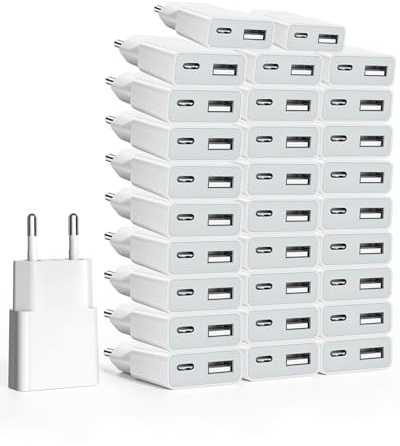 SCHITEC Cargador USB de 5W 5V/1A 2 Puertos USB C+A Adaptador de Enchufe para iPhone, Lector de Libros Electrónicos, Xperia, MP3, Smartphone Galaxy S8,Huawei (30Pack)