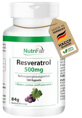 Resveratrol 500mg - mit 510mg Knöterich-Extrakt davon 500mgTrans-Resveratrol - 100 Kapseln - Hochdosiert - 100% Vegan – Deutsche Produktion & Laborprüfung - NutriFair | Premium & Fair