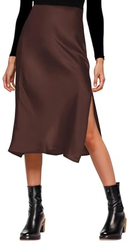 Amy Babe Damen-Midirock aus Satin-Seide, hohe Taille, Schlitz, elastischer Bund, Midi-Röcke für Damen, Schokolade, XX-Large