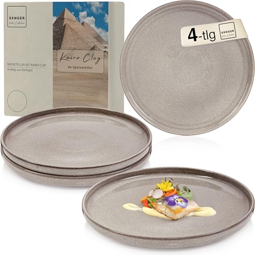 SÄNGER Kairo Clay | Teller Set 4 Personen, 4x Speiseteller aus Steingut, Dinner Set kratz- mikrowellen- spülmaschinenfest, Steingut Teller Essteller Essgeschirr, Grau Teller Set VALUE COLLECTON