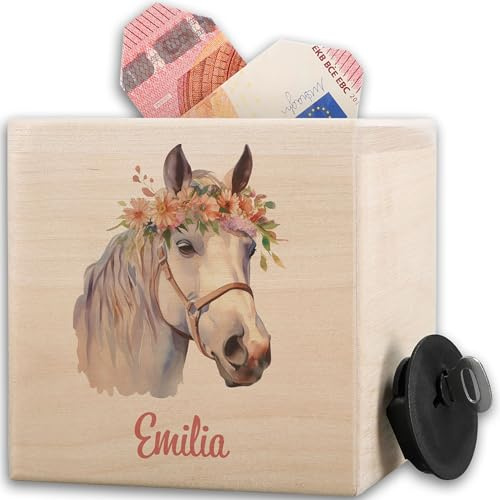 Holz - Spardose Pferd I Geschenkidee Für Pferde Mädchen I Pferde Holzspardose personalisiert I Spardose Pferd mit Namen I Pferdeliebhaber Geschenk Reiter - 10x10cm - Holz - geldbox pferden