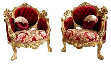 CasAmin Home & Living Pair of Armchairs in Nostalgic Royal Baroque Style in Bordeaux Colour Damask Floral Pattern in Antique Gold Frame as Holiday Decoration for the Hotel Lobby
