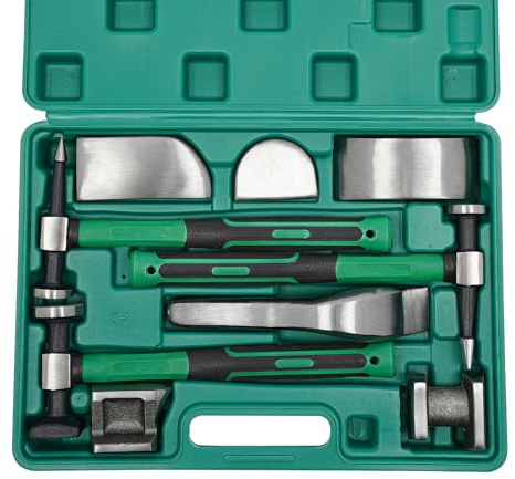 9PCS Auto Body Repair Kit, Hand Car Auto Body Work Hammer Fender Tool, Dent Crowbar Metal Repair Kit Fender Carbon Steel Dolly and Hammer Dolly Set with Carrying Case