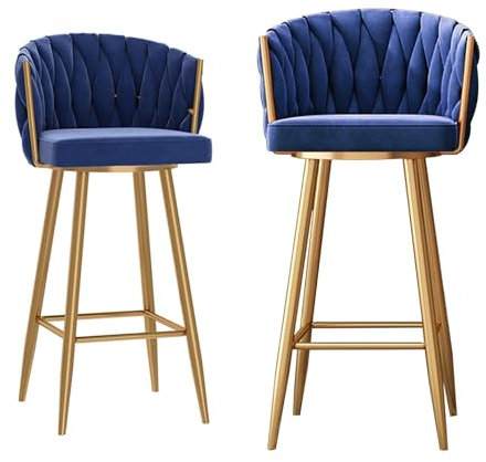 Farmhouse Drehhocker, 2 Stück, mit gewebter Rückenlehne, Samt, gepolstert, goldfarbene Metallbeine, Blau, ideal für Küche, Insel, Esszimmer, Zuhause, Bar oder Kneipe
