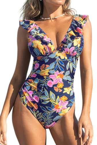 CUPSHE Badeanzug Damen V Ausschnitt Rüschen Monokini Bauchweg | Volants,Bauchweg Raffung,Bequeme Passform,Mittlere,Für Strand und Pool