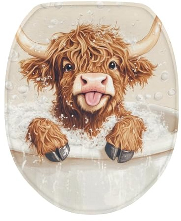 Luarisgur Highland Cow Print Toilet Seat Cover Elongated Toilet Lid Cover for Bathroom Cute Toilet Seat Lid Cover Washable Soft Fabric Toilet Seat Protector Cover Decor