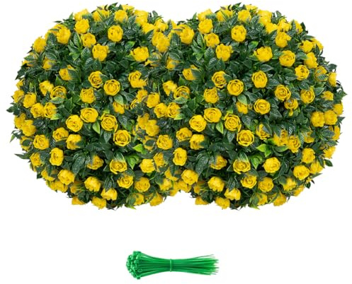 JOYWU Artificial Flower Topiary Ball Set of 2, Rose Flower Boxwood Balls Plant, UV Resistant Faux Boxwood Decorative Balls for Backyard Balcony Garden Wedding Outdoor Home Décor (Yellow, 13in)