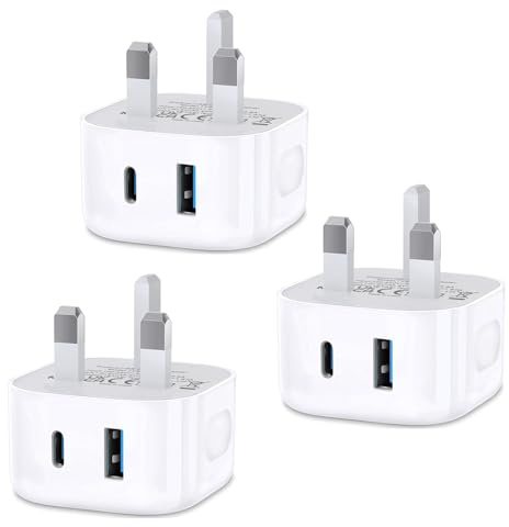 USB C Fast Charge Plug,3 Pack UK Wall Charger Compatible with iPhone 17/16/15 Pro/14/13/12/11,Micro USB Plug Dual Port C Charger Plug for iPad Pro/AirPods/Samsung Galaxy