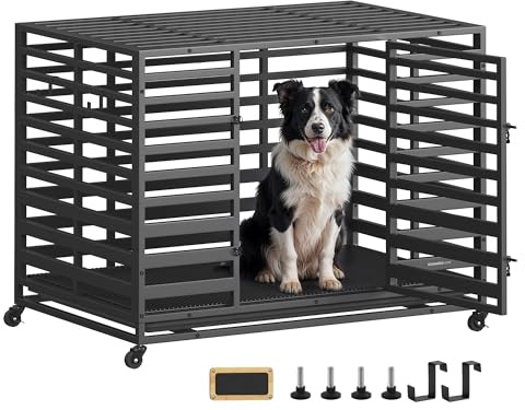 SONGMICS HOME Cage pour Chien Robuste, Taille XL, pour Grands Chiens, Niche Extensible, avec Plateau et Porte Amovibles, roulettes Verrouillables, 107 x 70 x 82,5 cm, Noir d’Encre PPD023B01