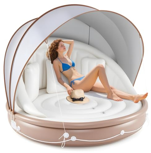 GYMAX Pool Float with Canopy, 440 lbs Inflatable Floating Island with Detachable Sunshade & 3 Pillows, 2/3 Person 73” Tanning Lounger Large Floats for the Lake, Inflatable Pool Daybed for Adults