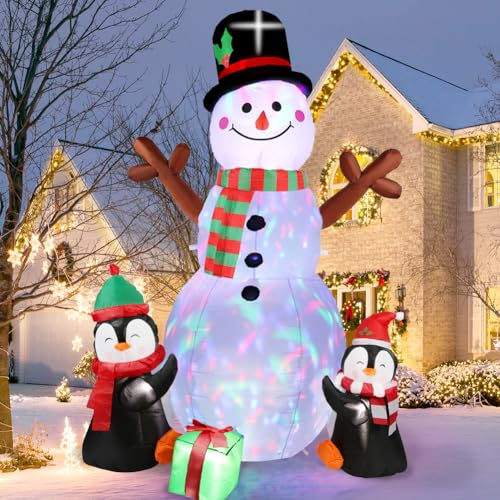 GUDELAK 183 cm Aufblasbare Weihnachtsdeko Aussen, Schneemann Aufblasbar mit Pinguin, Integrierte Rotierende Bunte LED-Lichter, Weihnachtsdeko Aufblasbar für Garten Rasen Winterdeko Innen Party Deko