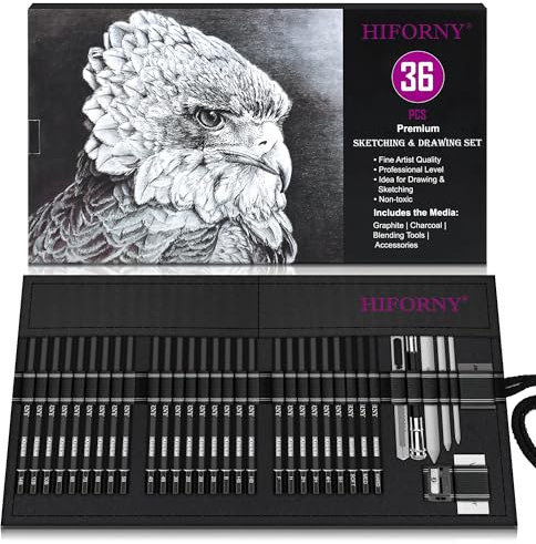 HIFORNY Kit de 36 crayons de dessin et de croquis, fournitures d'art avec graphite, fusain, outils de mélange, accessoires, kit de dessin pour adultes et artistes dans un étui en toile