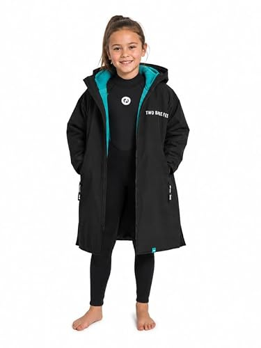 Two Bare Feet Core Waterproof Changing Robe – Unisex Kids Waterproof Windproof Coat, Fleece Lined, Ideal for Outdoor Swimming, Surfing, Camping, Beach Use (Black/Teal, 6-10 Years)