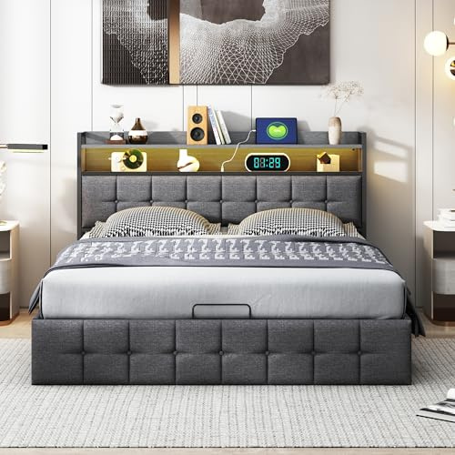 BRYXR 140 x 200 cm Polsterbett, Doppelbett mit hydraulischem Stauraum, Mehrfarbiger LED-Beleuchtung und USB, Stauraumbett mit Lattenrost für Erwachsene und Jugendliche, Leinen (ohne Matratze)