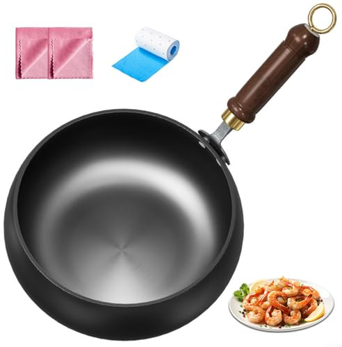 Padella in Ferro Giapponese, Forgiato a Mano Antiaderente Non Rivestita, Pentola in Ferro Con Coperchio in Vetro/Legno Per Friggere Ad Alta Temperatura, Stufare, Bollire (20 cm, Senza coperchio)