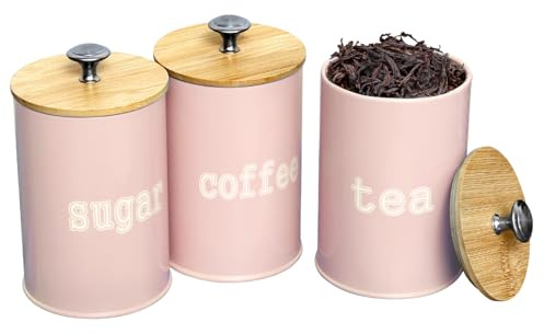MENIBBLER 3Pcs Metal Tea Coffee Sugar Canister Set Decorative Kitchen Storage Tin Caddy Container with Airtight Lid and Name Marker Coffee and Sugar Canister Jars for Home Kitchen Snack Spices(Pink)