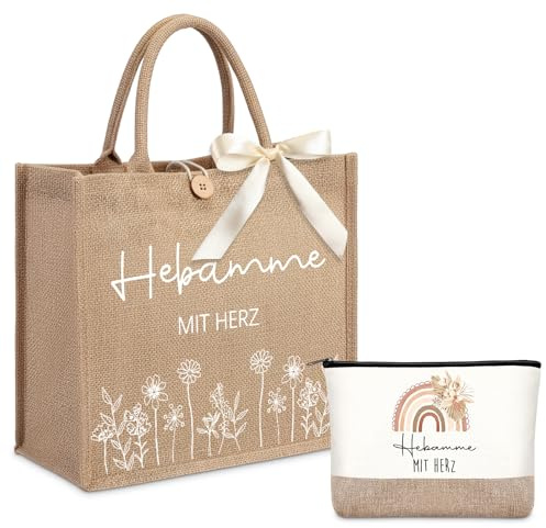 Xuniea Hebamme Geschenk Hebamme mit Herz Jute Einkaufstasche Kosmetiktasche Dankschön Geschenke für Abschied Midwife Geburtstag Weihnachten