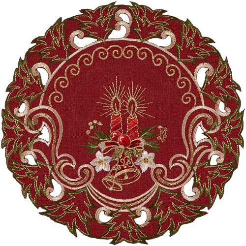 Tischdecke Weihnachten Mitteldecke Bestickt Deckchen Rund 30 cm Weihnachtstischdecke Rot Kerze Gold Stoff Waschbar