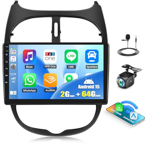 CAMECHO 2G+64G Android 15 Autoradio para Peugeot 206 206CC 206SW/Citroen C2, 9 de Pantalla de Carplay Radio de Doble DIN con Carplay Android Auto GPS Mirror Link WiFi RDS/FM/BT y EQ+Cámara Trasera