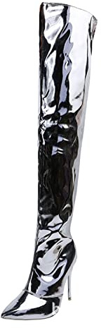 2026 - Botas de nieve para mujer, de piel brillante, con cremallera lateral, tacón alto fino sobre la rodilla, Silver, 39.5 EU