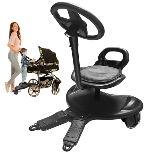 HENYEER Buggy-bräda med säte och ratt, universell stegbräda för alla barnvagnar, 360 roterbar, handvagnsplattform för 2–6 år gamla barn, upp till 50 kg, för familjer med två barn
