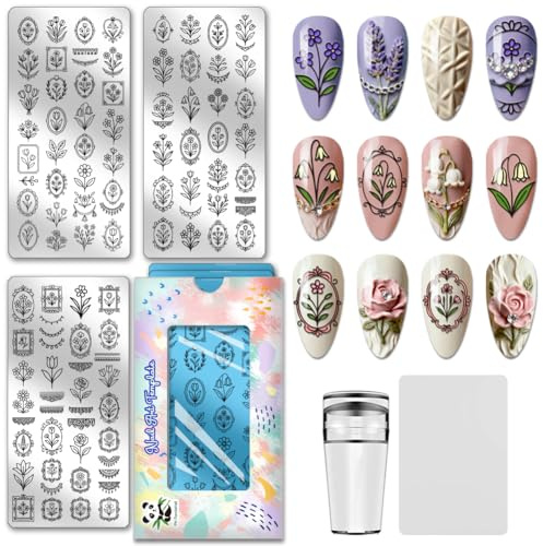 PH PandaHall 3pcs Flower Bouquet Nail Stamping Plate Tulip Rose Nail Stamper Daisy Lily of the Valley Nails Arts Stencils Vintage Lace Nails Image Plates for DIY Manicure Salon Print Design Decor