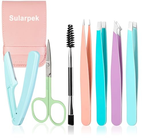 Sularpek Pince à Épiler Professionnelle en Acier Inoxydable, Kit de 7 Pièces pour Sourcils avec Ciseaux Rasoir et étui, Pour Femmes et Hommes,Noir