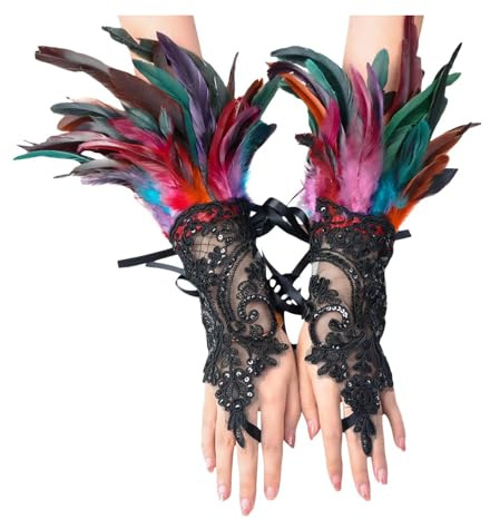 Pfau Kostüm Damen Spitze Feder Handschuhe 20er Jahre Gothic Federmanschetten Karneval Kostüme Frauen Kostümzubehör Vintage Federarmband Manschetten für Faschingsball Oper Rollenspiel Party Zubehör