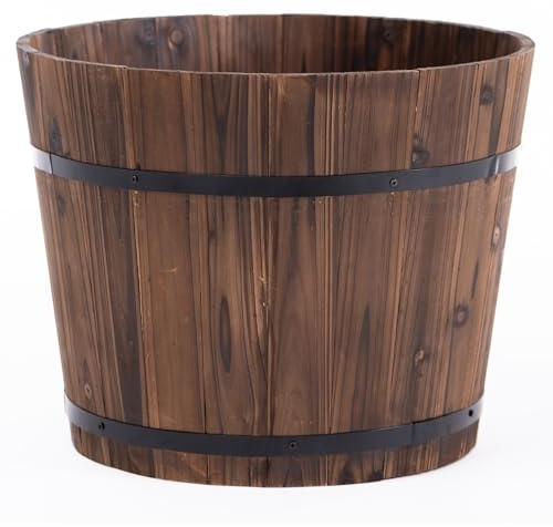 Garden Gear Rustic Wooden Barrel Planter Burnt Fir Wood Oak Style Design Metal Bands Handles Outdoor Garden Pot (Large D42xH32cm)