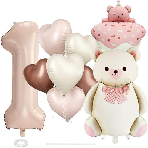 Whimzey XXL Bär Luftballon 1. Geburtstag Mädchen Deko, 9 Stk Bären Ballons Geburtstagsdeko 1 Jahr,Herz Ballon Deko 1 Geburtstag, Luftballons Bären Erster Geburtstage,Geburtstagsdeko Bär 1 Folienballon