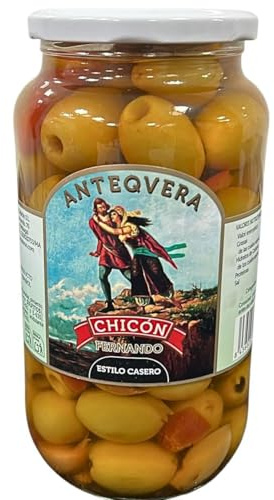 Aceitunas Gordal Deshuesadas Chicón Lebrón - Calibre Gigante 80/120 | Estilo casero con ajo, pimiento y toque picante. Carnosas para rellenar. Tarro de 900g (470g de peso escurrido).